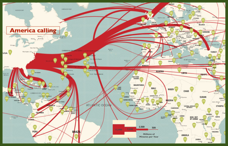 Postcard showing outbound telecommunications traffic from America east coast