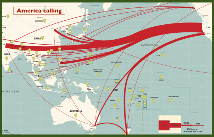 Postcard showing outbound telecommunications traffic from America west coast