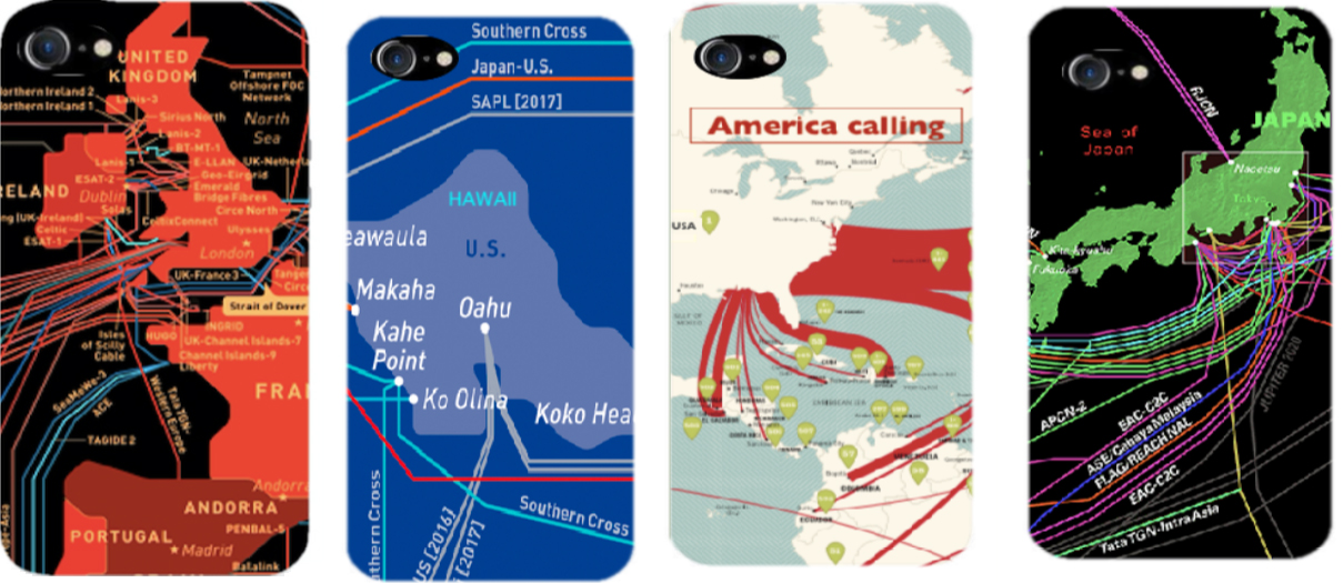 Four iMap Ventures cell phone cases with map section graphics showing Western Europe, Hawaii, America, and Japan