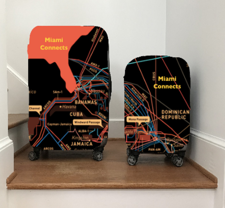 Two suitcases with graphics showing telecommunications from Florida
