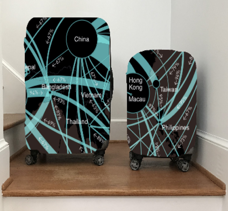 Two suitcases with graphics showing telecommunications from China