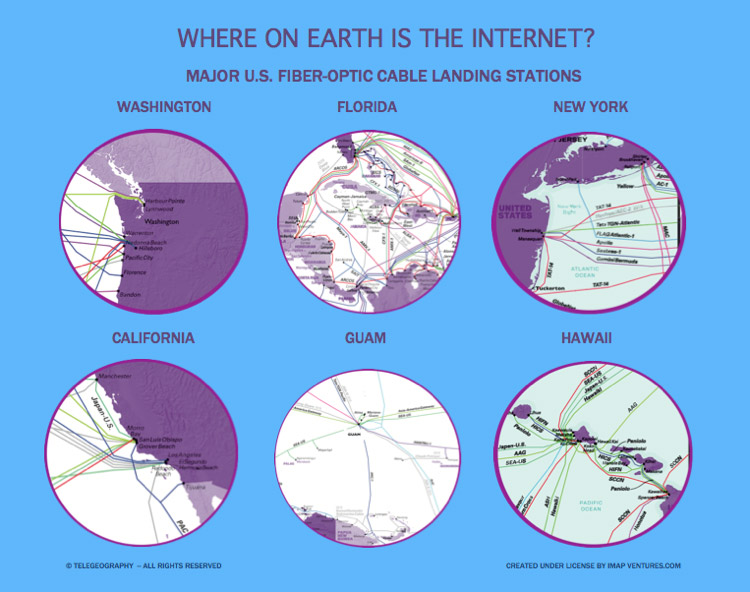 iMap Ventures wrapping paper in blue showing major US fiber-optic cable landing stations